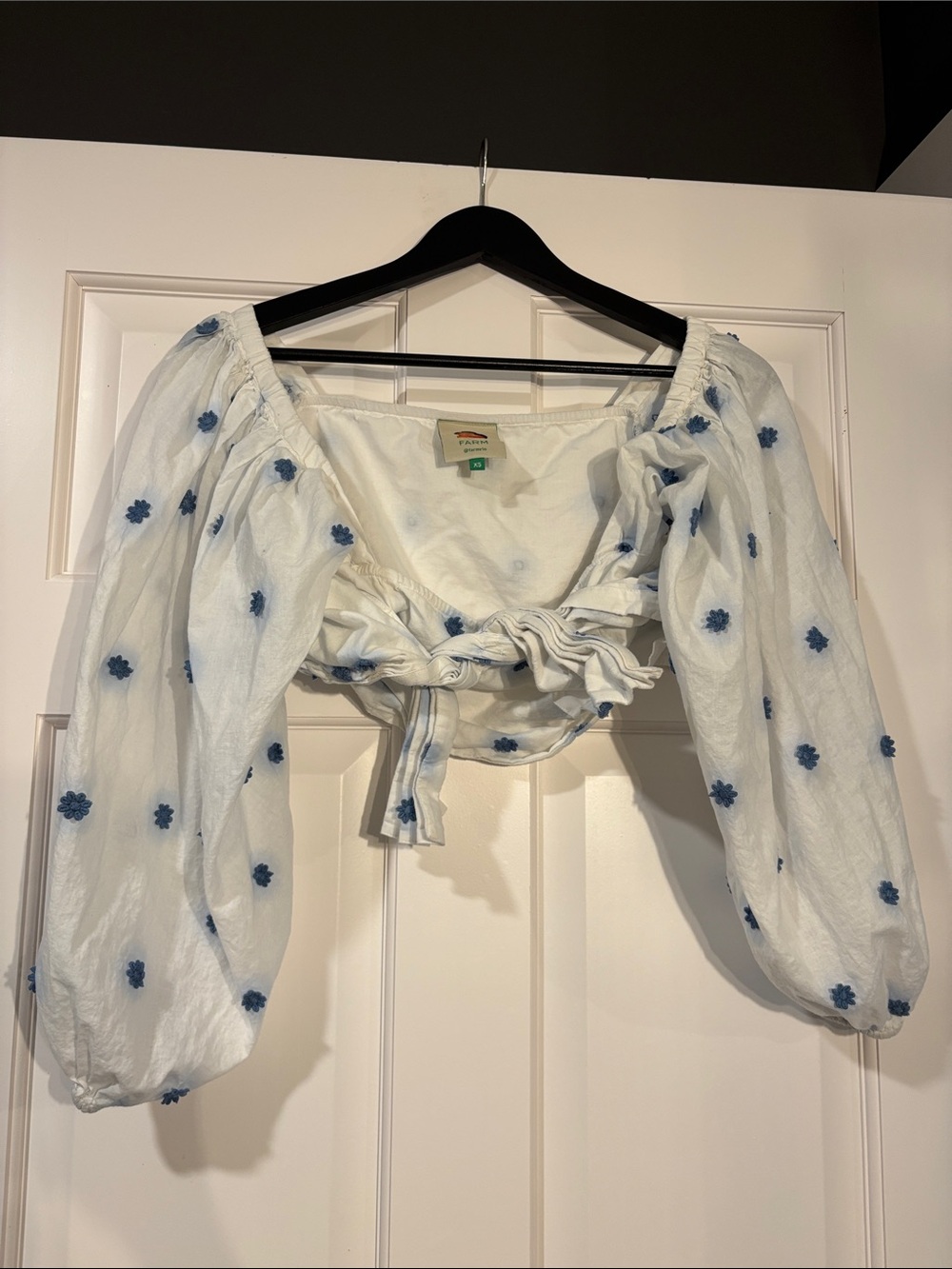Blue Floral Embroidered Puff-Sleeve Crop Top